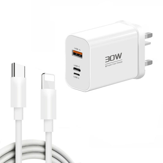 PD30W USB-C / Type-C + 8 Pin + USB Charger with Type-C to 8 Pin Date Cable(UK Plug) - USB Charger by buy2fix | Online Shopping UK | buy2fix