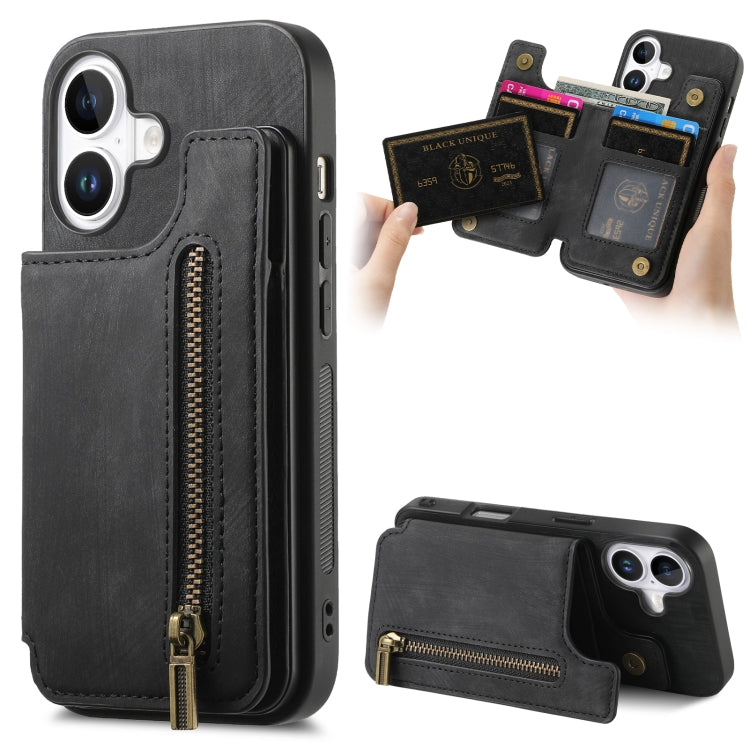 For iPhone 16 Plus Retro Leather Zipper Wallet Back Phone Case(Black) - More iPhone Cases by buy2fix | Online Shopping UK | buy2fix