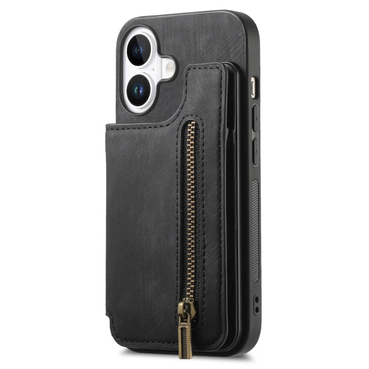 For iPhone 16 Plus Retro Leather Zipper Wallet Back Phone Case(Black) - More iPhone Cases by buy2fix | Online Shopping UK | buy2fix