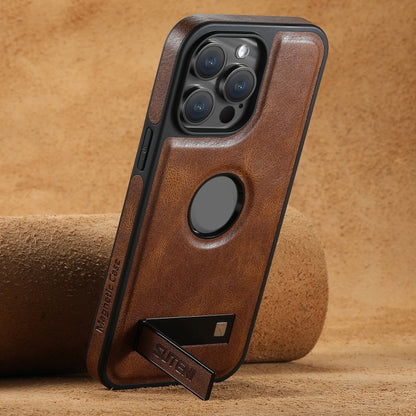 For iPhone 14 Pro Suteni G2 Magsafe Oil Wax Leather Back Phone Case with Holder(Brown) - iPhone 14 Pro Cases by Suteni | Online Shopping UK | buy2fix