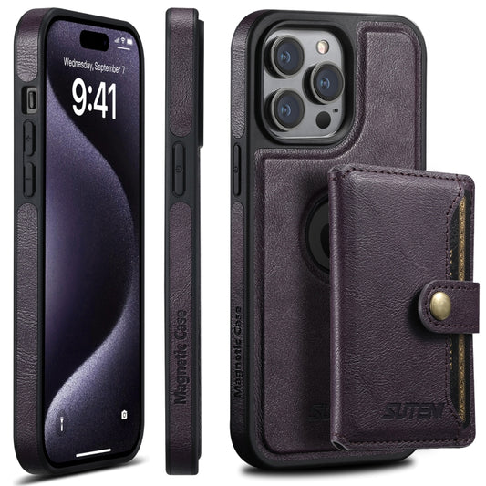 For iPhone 15 Pro Suteni M1 Oil Wax MagSafe Detachable Horizontal Card Bag Phone Case(Purple) - iPhone 15 Pro Cases by Suteni | Online Shopping UK | buy2fix