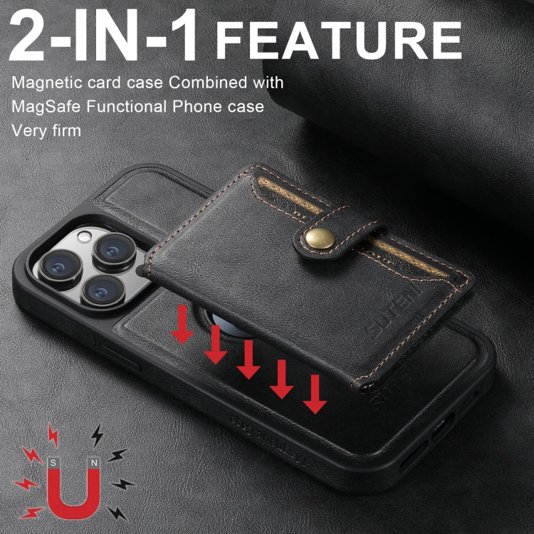 For iPhone 16 Suteni M1 Oil Wax MagSafe Detachable Horizontal Card Bag Phone Case(Black) - iPhone 16 Cases by Suteni | Online Shopping UK | buy2fix