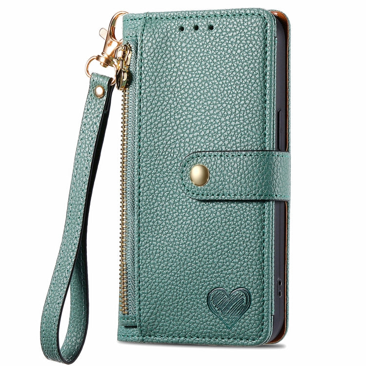 For Motorola Moto G Play 2024 Love Zipper Lanyard Leather Phone Case(Green) - Motorola Cases by buy2fix | Online Shopping UK | buy2fix