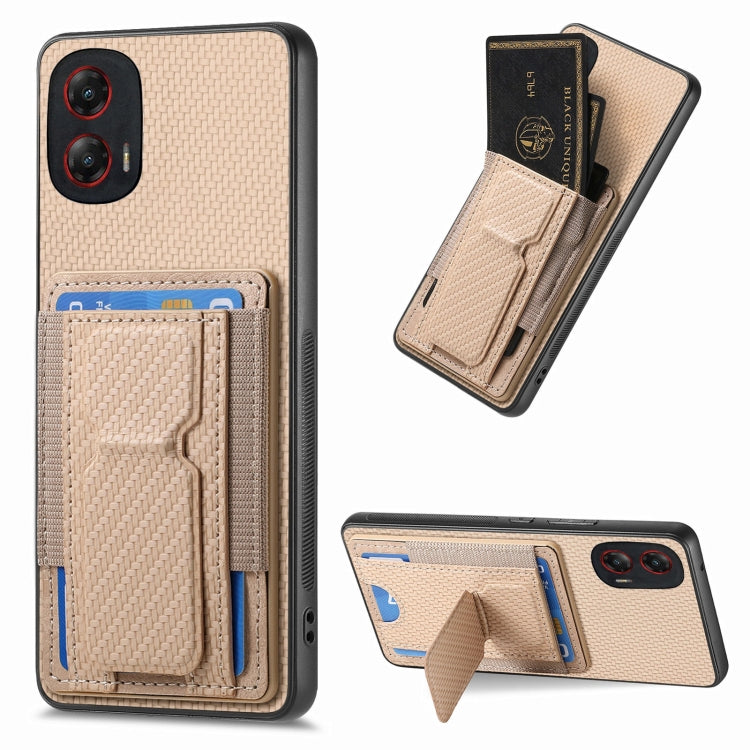 For Motorola Moto G Stylus 5G 2024 Carbon Fiber Fold Stand Elastic Card Bag Phone Case(Khaki) - Motorola Cases by buy2fix | Online Shopping UK | buy2fix