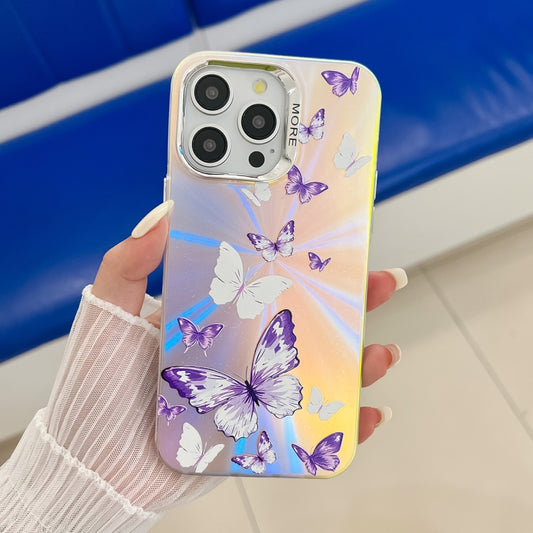 For iPhone 16 Pro Electroplating Laser Butterfly Phone Case(White Purple Butterflies AB6) - iPhone 16 Pro Cases by buy2fix | Online Shopping UK | buy2fix