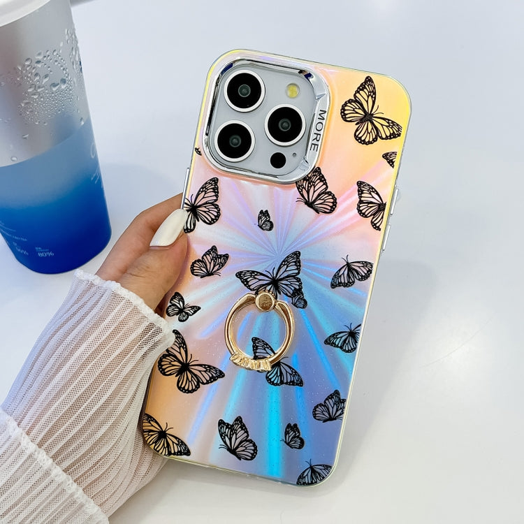 For iPhone 16 Plus Electroplating Laser Butterfly Ring Holder Phone Case(White Purple Butterflies AB6) - iPhone 16 Plus Cases by buy2fix | Online Shopping UK | buy2fix