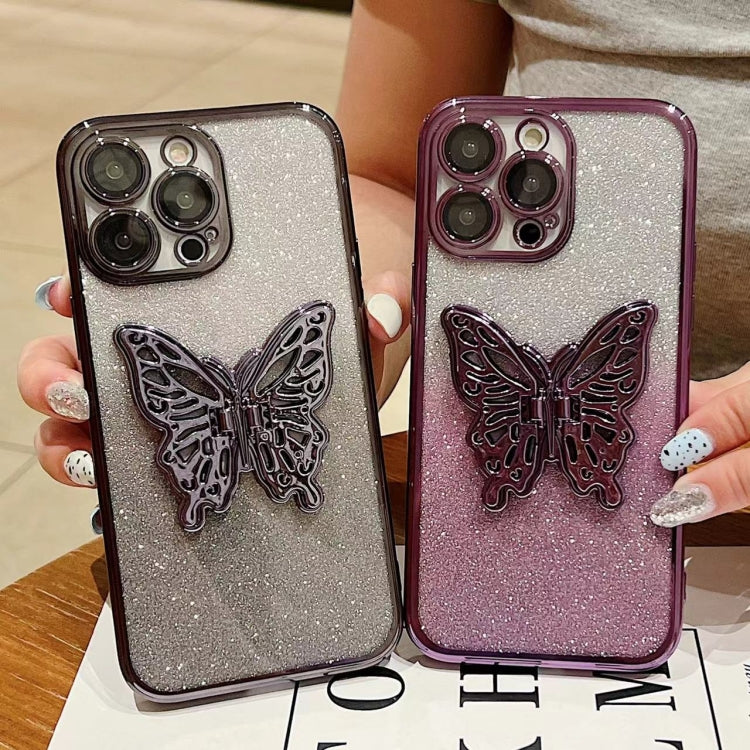 For iPhone 16 Pro Electroplated Gradient Glitter 3D Butterfly TPU Phone Case(Gradient Black) - iPhone 16 Pro Cases by buy2fix | Online Shopping UK | buy2fix