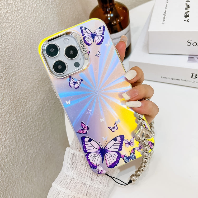 For iPhone 16 Plus Electroplating Laser Butterfly Phone Case with Wrist Strap(Color Butterflies AB1) - iPhone 16 Plus Cases by buy2fix | Online Shopping UK | buy2fix