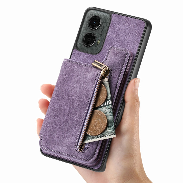 For Motorola Moto G 2024 Retro Leather Zipper Wallet Back Phone Case(Purple) - Motorola Cases by buy2fix | Online Shopping UK | buy2fix