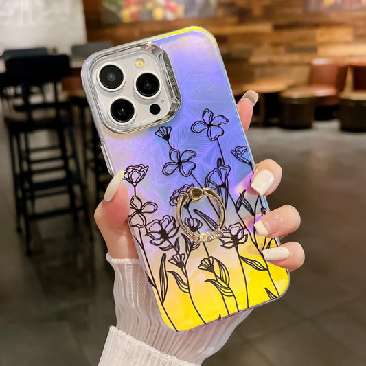 For iPhone 16 Pro Max Electroplating Laser Flower Ring Holder TPU Phone Case(Drawn Flowers AH3) - iPhone 16 Pro Max Cases by buy2fix | Online Shopping UK | buy2fix