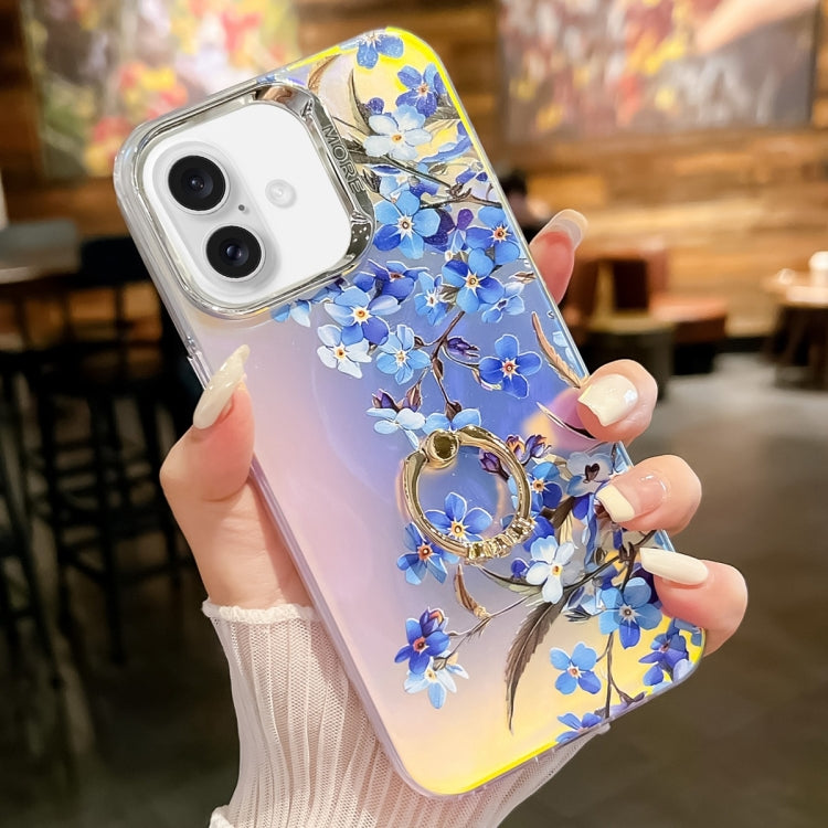 For iPhone 16 Plus Electroplating Laser Flower Ring Holder TPU Phone Case(Myosotis AH2) - iPhone 16 Plus Cases by buy2fix | Online Shopping UK | buy2fix