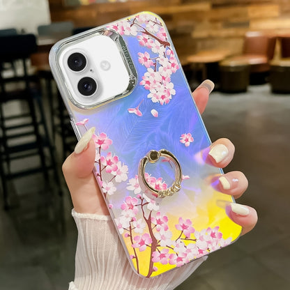 For iPhone 16 Electroplating Laser Flower Ring Holder TPU Phone Case(Peach Blossom AH4) - iPhone 16 Cases by buy2fix | Online Shopping UK | buy2fix