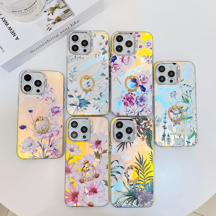 For iPhone 16 Pro Max Electroplating Laser Flower Ring Holder TPU Phone Case(Flower AH6) - iPhone 16 Pro Max Cases by buy2fix | Online Shopping UK | buy2fix