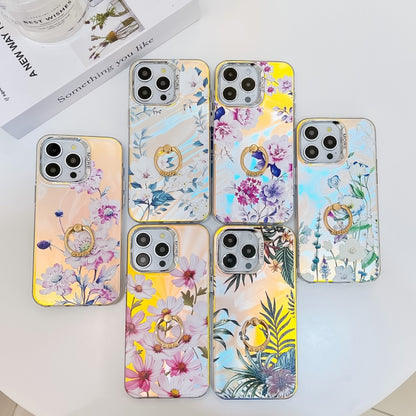 For iPhone 16 Pro Max Electroplating Laser Flower Ring Holder TPU Phone Case(Peach Blossom AH4) - iPhone 16 Pro Max Cases by buy2fix | Online Shopping UK | buy2fix