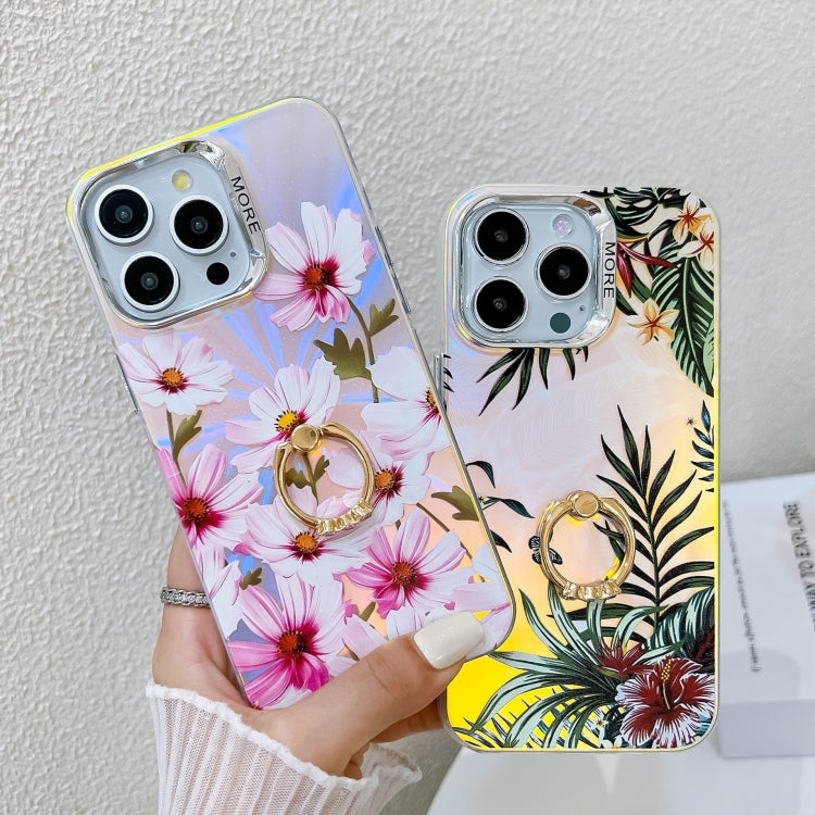 For iPhone 16 Electroplating Laser Flower Ring Holder TPU Phone Case(Drawn Flowers AH3) - iPhone 16 Cases by buy2fix | Online Shopping UK | buy2fix