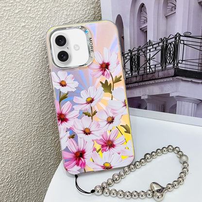 For iPhone 16 Electroplating Laser Flower Phone Case with Wrist Strap(Cosmos Flower AH7) - iPhone 16 Cases by buy2fix | Online Shopping UK | buy2fix