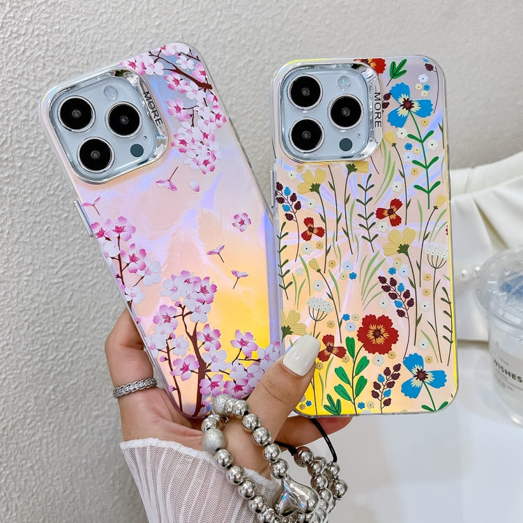 For iPhone 16 Electroplating Laser Flower Phone Case with Wrist Strap(Morning Glory AH16) - iPhone 16 Cases by buy2fix | Online Shopping UK | buy2fix