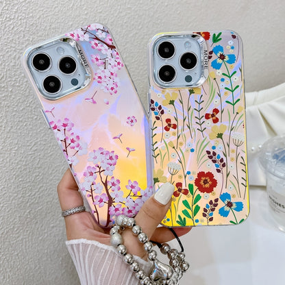 For iPhone 16 Electroplating Laser Flower Phone Case with Wrist Strap(Lavender AH14) - iPhone 16 Cases by buy2fix | Online Shopping UK | buy2fix