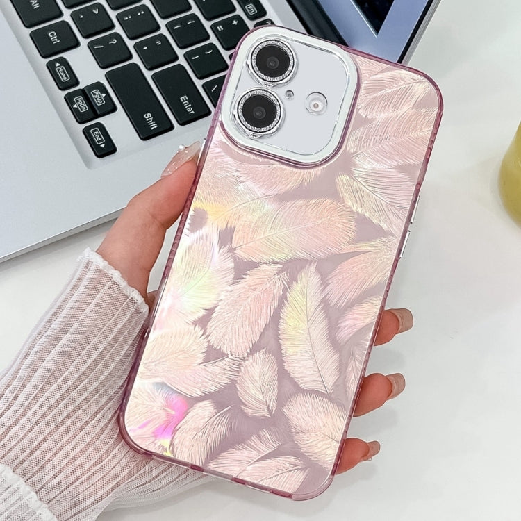 For iPhone 16 Plus Plating Glitter Texture TPU Phone Case with Lens Film(Pink Feathers) - iPhone 16 Plus Cases by buy2fix | Online Shopping UK | buy2fix