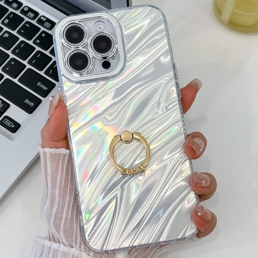 For iPhone 16 Pro Max Plating Glitter Texture Ring Holder TPU Phone Case with Lens Film(White Water Ripples) - iPhone 16 Pro Max Cases by buy2fix | Online Shopping UK | buy2fix