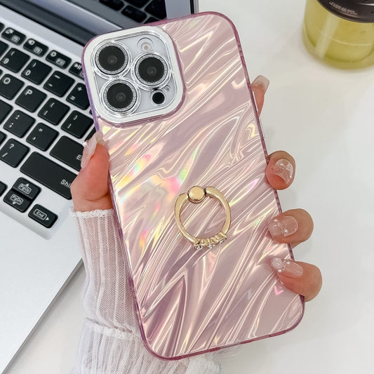 For iPhone 16 Pro Max Plating Glitter Texture Ring Holder TPU Phone Case with Lens Film(Pink Water Ripples) - iPhone 16 Pro Max Cases by buy2fix | Online Shopping UK | buy2fix