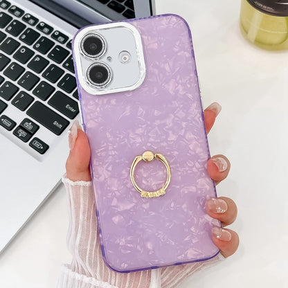 For iPhone 16 Plus Plating Glitter Texture Ring Holder TPU Phone Case with Lens Film(Purple Shell Pattern) - iPhone 16 Plus Cases by buy2fix | Online Shopping UK | buy2fix