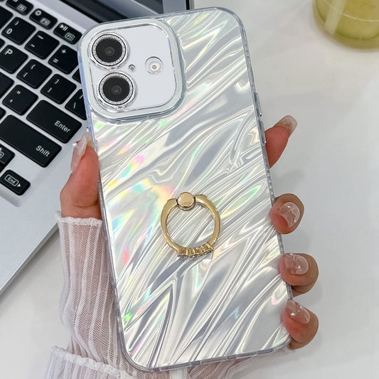 For iPhone 16 Plating Glitter Texture Ring Holder TPU Phone Case with Lens Film(White Water Ripples) - iPhone 16 Cases by buy2fix | Online Shopping UK | buy2fix