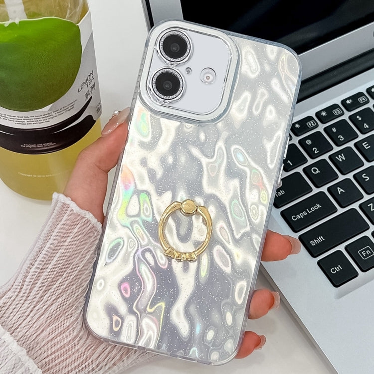 For iPhone 16 Plating Glitter Texture Ring Holder TPU Phone Case with Lens Film(White Wrinkles) - iPhone 16 Cases by buy2fix | Online Shopping UK | buy2fix