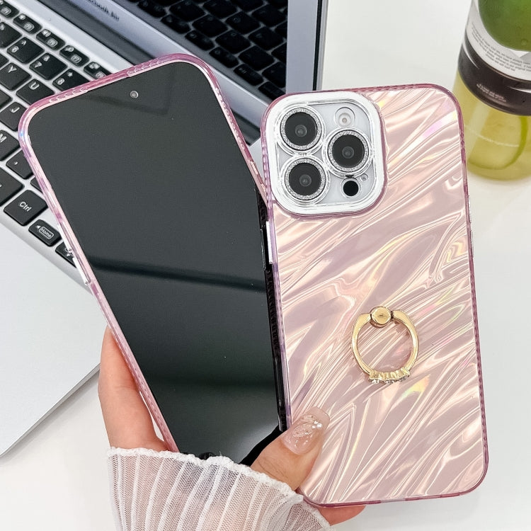 For iPhone 16 Plus Plating Glitter Texture Ring Holder TPU Phone Case with Lens Film(White Wrinkles) - iPhone 16 Plus Cases by buy2fix | Online Shopping UK | buy2fix