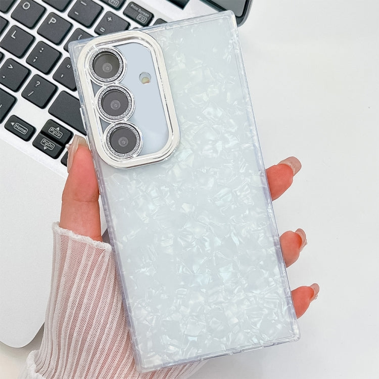 For Samsung Galaxy S25 5G Plating Glitter Texture TPU Phone Case with Lens Film(White Shell Pattern) - Galaxy S25 5G Cases by buy2fix | Online Shopping UK | buy2fix