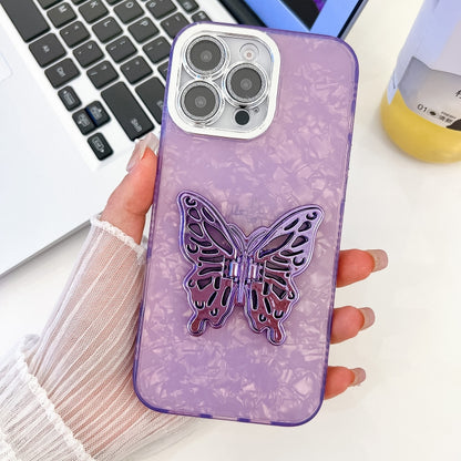 For iPhone 16 Pro Max Plating Glitter Texture Butterfly Holder TPU Phone Case with Lens Film(Purple Shell Pattern) - iPhone 16 Pro Max Cases by buy2fix | Online Shopping UK | buy2fix