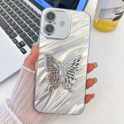 For iPhone 16 Plating Glitter Texture Butterfly Holder TPU Phone Case with Lens Film(White Water Ripples) - iPhone 16 Cases by buy2fix | Online Shopping UK | buy2fix