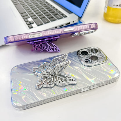 For iPhone 16 Plus Plating Glitter Texture Butterfly Holder TPU Phone Case with Lens Film(Purple Feather Yarn) - iPhone 16 Plus Cases by buy2fix | Online Shopping UK | buy2fix