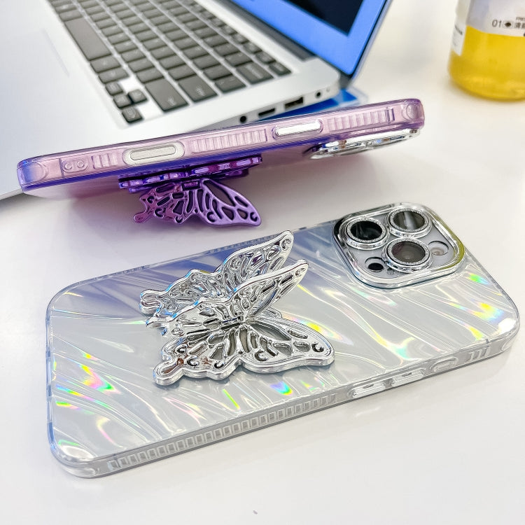 For iPhone 16 Plus Plating Glitter Texture Butterfly Holder TPU Phone Case with Lens Film(White Feathers) - iPhone 16 Plus Cases by buy2fix | Online Shopping UK | buy2fix