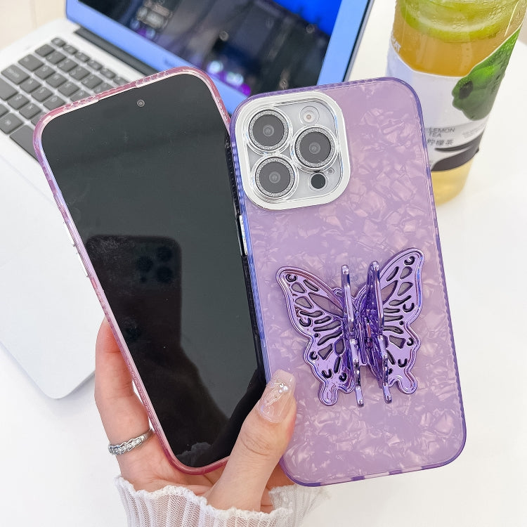 For iPhone 16 Pro Max Plating Glitter Texture Butterfly Holder TPU Phone Case with Lens Film(White Wrinkles) - iPhone 16 Pro Max Cases by buy2fix | Online Shopping UK | buy2fix