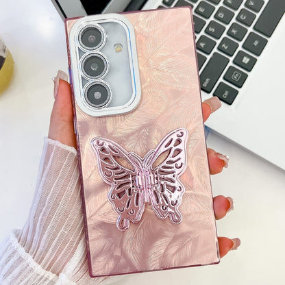 For Samsung Galaxy S25 5G Plating Glitter Texture Butterfly Holder TPU Phone Case with Lens Film(Pink Feathers) - Galaxy S25 5G Cases by buy2fix | Online Shopping UK | buy2fix