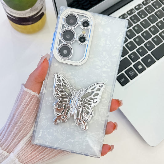 For Samsung Galaxy S25 Ultra 5G Plating Glitter Texture Butterfly Holder TPU Phone Case with Lens Film(White Shell Pattern) - Galaxy S25 Ultra 5G Cases by buy2fix | Online Shopping UK | buy2fix