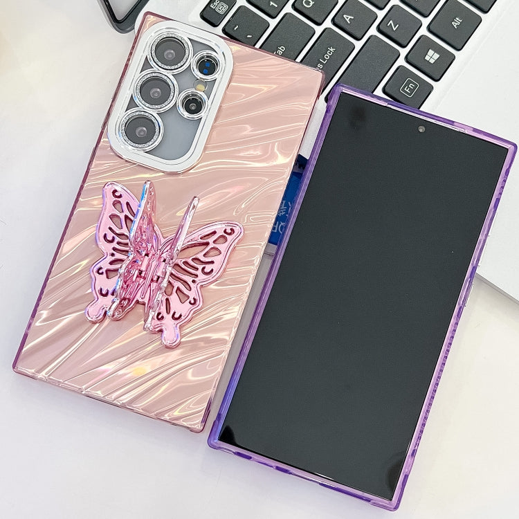 For Samsung Galaxy S25 5G Plating Glitter Texture Butterfly Holder TPU Phone Case with Lens Film(Pink Shell Pattern) - Galaxy S25 5G Cases by buy2fix | Online Shopping UK | buy2fix