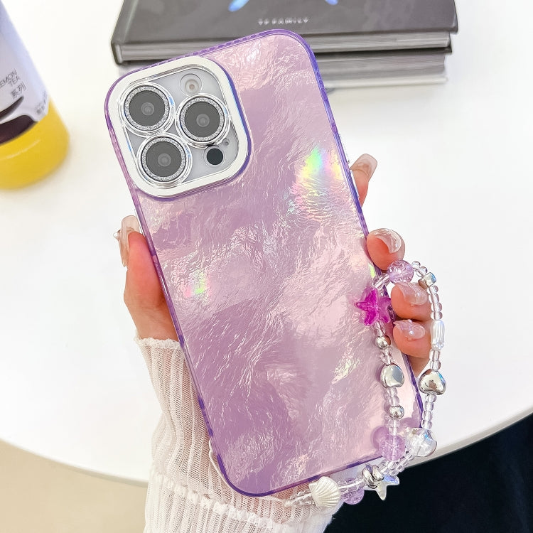 For iPhone 16 Pro Max Plating Glitter Texture Chain Wristband TPU Phone Case with Lens Film(Purple Tinfoil Texture) - iPhone 16 Pro Max Cases by buy2fix | Online Shopping UK | buy2fix