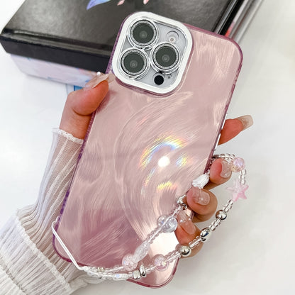 For iPhone 16 Plating Glitter Texture Chain Wristband TPU Phone Case with Lens Film(Pink Feather Yarn) - iPhone 16 Cases by buy2fix | Online Shopping UK | buy2fix