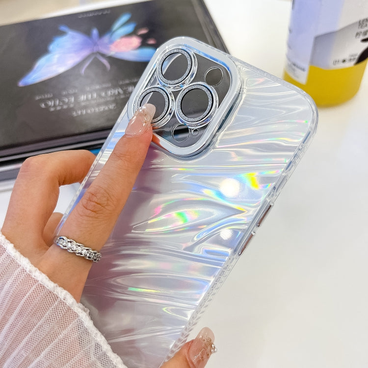 For iPhone 16 Pro Plating Glitter Texture Chain Wristband TPU Phone Case with Lens Film(White Feathers) - iPhone 16 Pro Cases by buy2fix | Online Shopping UK | buy2fix