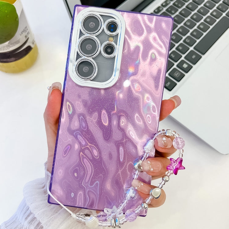 For Samsung Galaxy S25 Ultra 5G Plating Glitter Texture Chain Wristband TPU Phone Case with Lens Film(Purple Wrinkles) - Galaxy S25 Ultra 5G Cases by buy2fix | Online Shopping UK | buy2fix