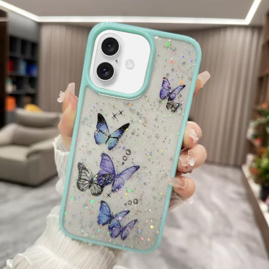 For iPhone 16 Color Butterfly Glitter Epoxy TPU Phone Case(Green) - iPhone 16 Cases by buy2fix | Online Shopping UK | buy2fix