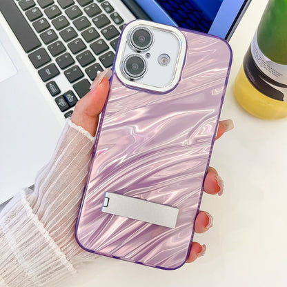 For iPhone 16 Plating Glitter Texture Fold Holder TPU Phone Case with Lens Film(Purple Water Ripples) - iPhone 16 Cases by buy2fix | Online Shopping UK | buy2fix