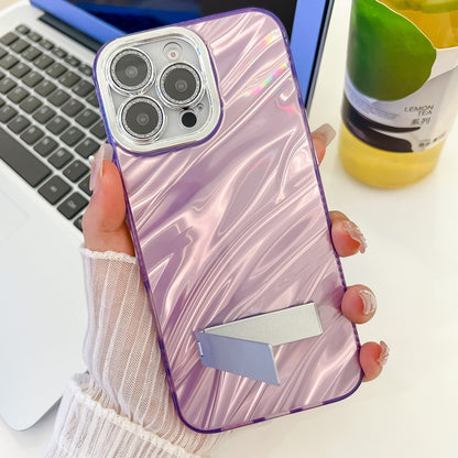 For iPhone 16 Plating Glitter Texture Fold Holder TPU Phone Case with Lens Film(Pink Wrinkles) - iPhone 16 Cases by buy2fix | Online Shopping UK | buy2fix