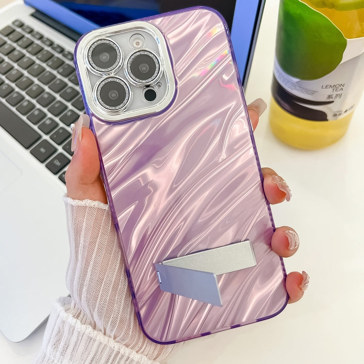 For iPhone 16 Pro Plating Glitter Texture Fold Holder TPU Phone Case with Lens Film(Pink Tinfoil Texture) - iPhone 16 Pro Cases by buy2fix | Online Shopping UK | buy2fix