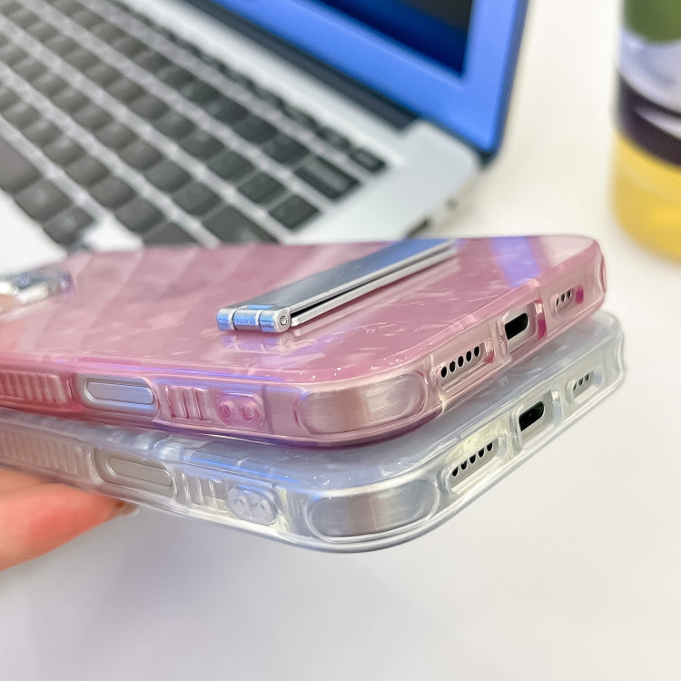 For iPhone 16 Pro Max Plating Glitter Texture Fold Holder TPU Phone Case with Lens Film(Pink Water Ripples) - iPhone 16 Pro Max Cases by buy2fix | Online Shopping UK | buy2fix