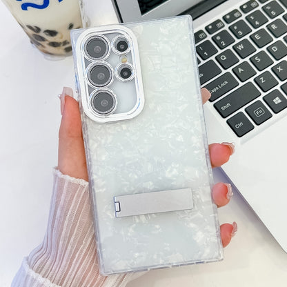 For Samsung Galaxy S25 Ultra 5G Plating Glitter Texture Fold Holder TPU Phone Case with Lens Film(White Shell Pattern) - Galaxy S25 Ultra 5G Cases by buy2fix | Online Shopping UK | buy2fix