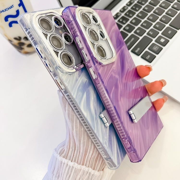 For Samsung Galaxy S25 5G Plating Glitter Texture Fold Holder TPU Phone Case with Lens Film(Purple Tinfoil Texture) - Galaxy S25 5G Cases by buy2fix | Online Shopping UK | buy2fix