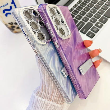 For Samsung Galaxy S25 Ultra 5G Plating Glitter Texture Fold Holder TPU Phone Case with Lens Film(Purple Feathers) - Galaxy S25 Ultra 5G Cases by buy2fix | Online Shopping UK | buy2fix